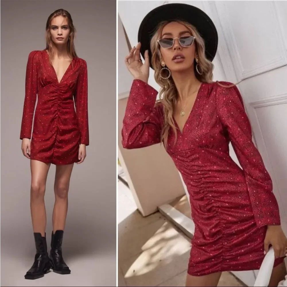 ZARA Red Black Print Side Ruched V-neck Long Sleeve Mini Dress